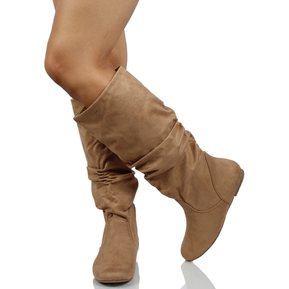 Natural Faux Suede Slouchy Knee High Flat Boot - Picture 3 of 3